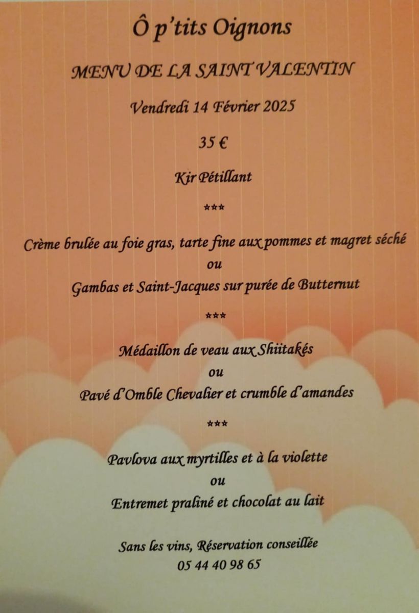 Restaurant O P'tits Oignons : Menu Saint Valentin